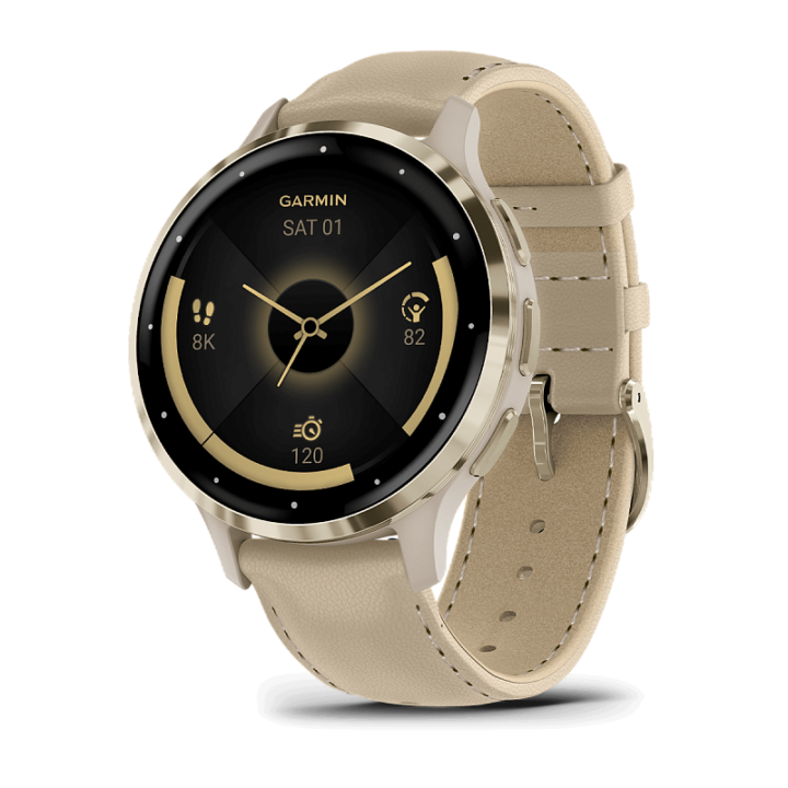 Venu 3 Soft Gold Stainless Steel Bezel with French Gray Case and Leather Band (includes French Gray silicone band)
